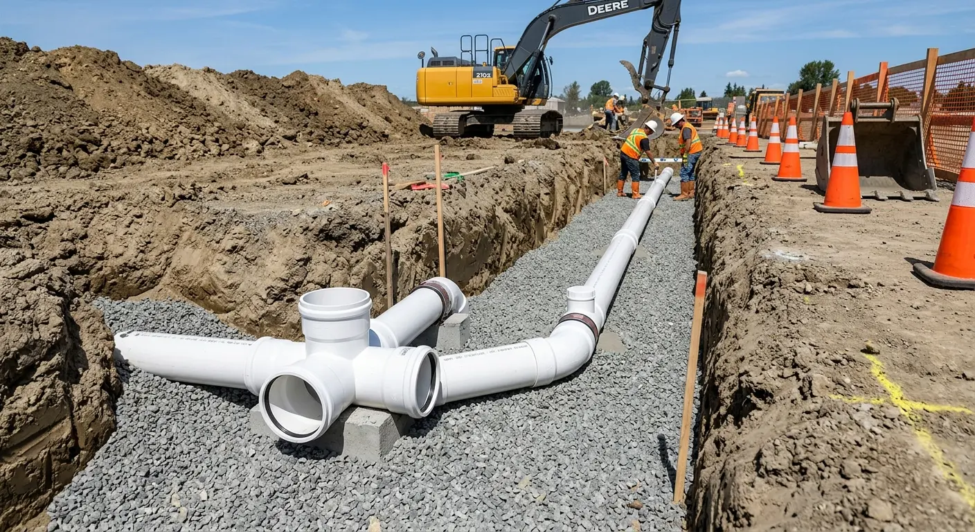 New PVC sewer pipe installation in open trench for Commercial Drain Cleaning in Norwalk