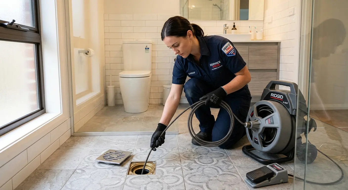 Technician clearing a bathroom floor drain for Clogged Drain Repair in Norwalk